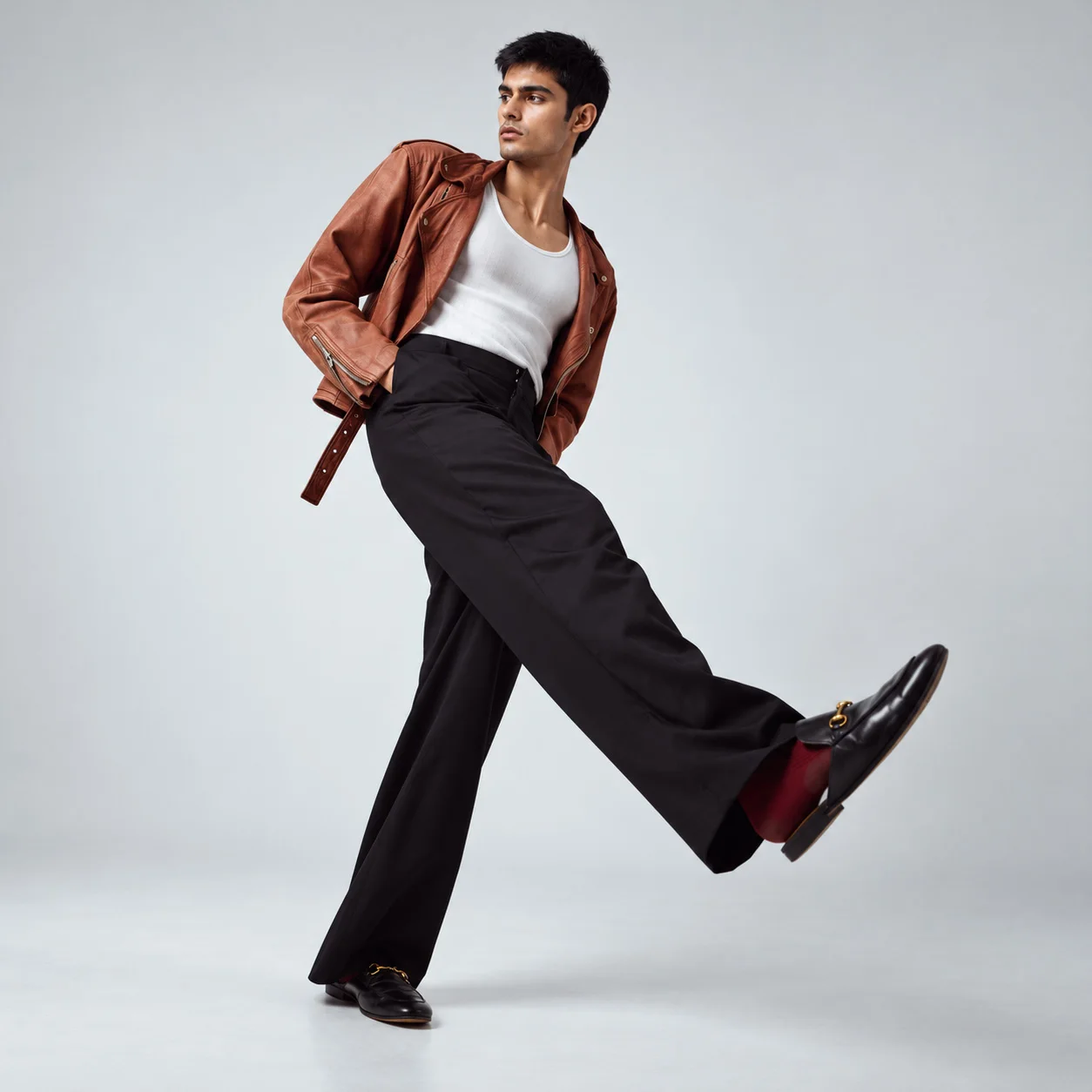 Male model in a tan leather jacket and wide black trousers, mid-stride