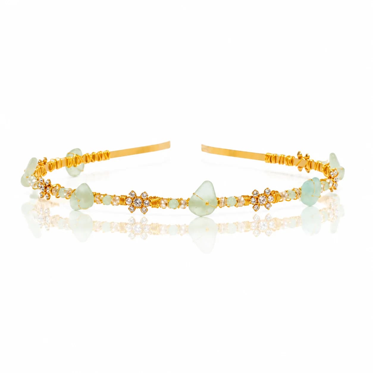 Gold headband with sea-glass stones and crystal flowers